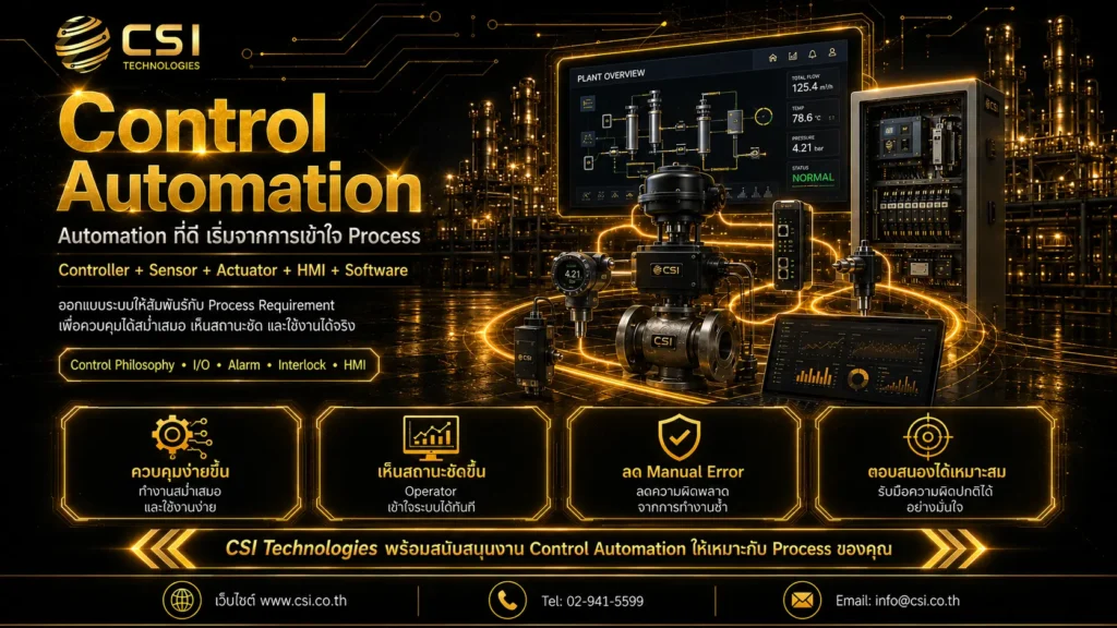 Industrial Control Automation System โดย CSI Technologies Thailand พร้อม PLC HMI Sensor Actuator Instrument และ Process Control สำหรับโรงงานอุตสาหกรรม