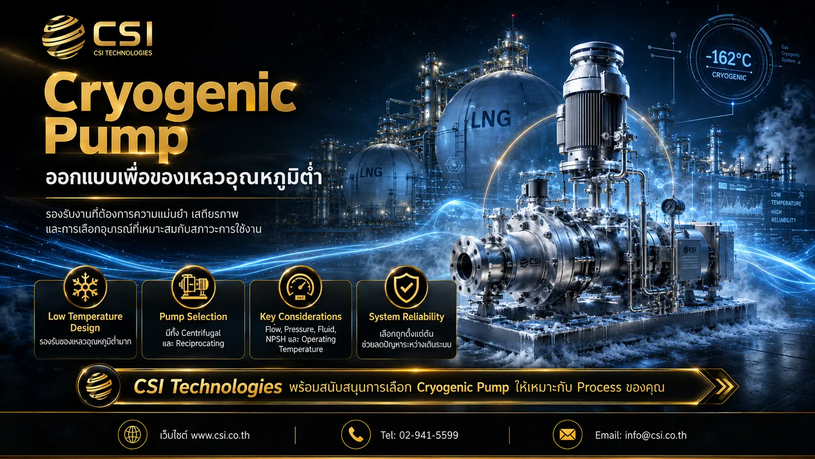Cryogenic Pump สำหรับ LNG และของเหลวอุณหภูมิต่ำ โดย CSI Technologies Thailand สำหรับ Oil and Gas Petrochemical และงานอุตสาหกรรม